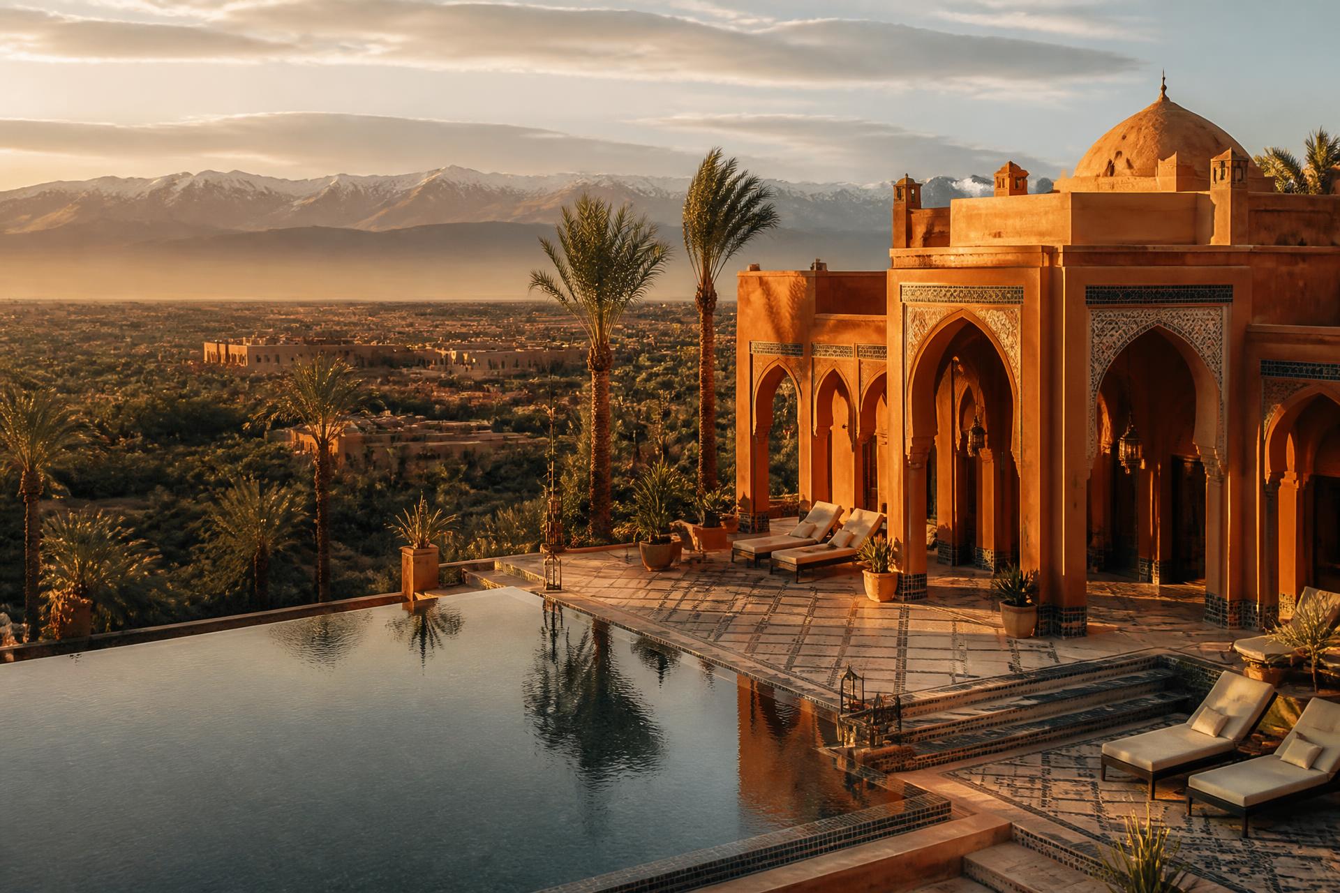 Villa de luxe à Marrakech à l'heure dorée avec piscine à débordement